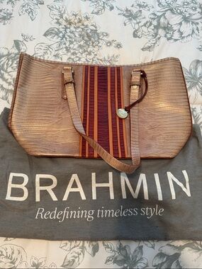 Brahmin Rose Gold Tote with Burgundy and Tan Stripe Panel
